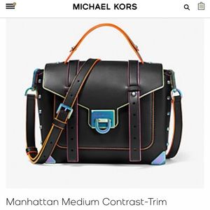 Michael Kors Manhattan Medium Contrast-Trim Leather Satchel.